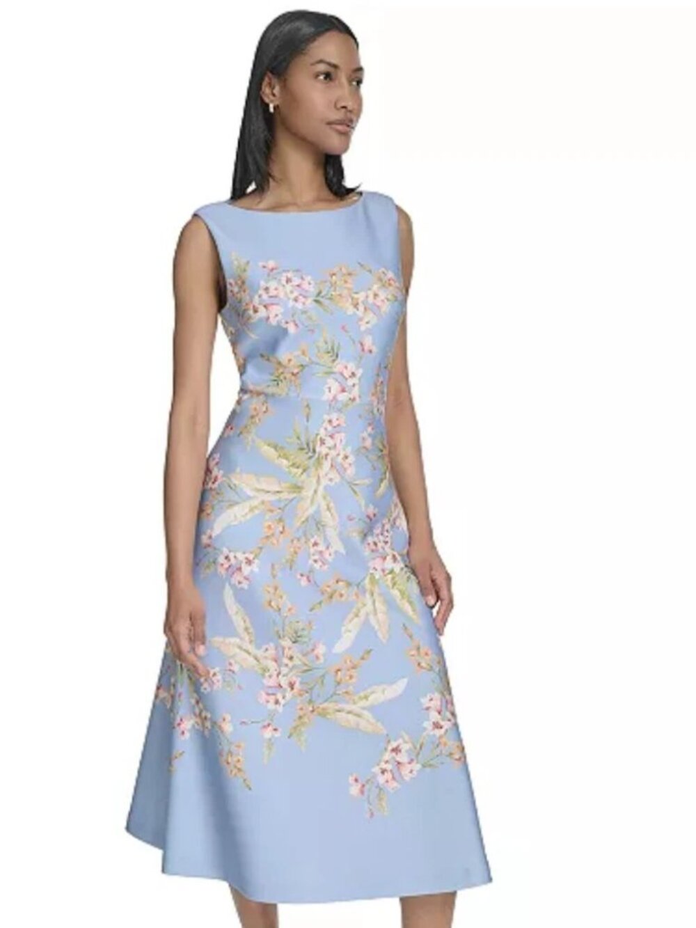 Halston Sleeveless Light Blue Floral A-Line Dress sz 8